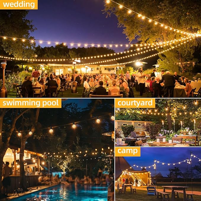 100FT G40 LED Outdoor String Lights with 50 Shatterproof Bulbs + 2 Spares, E12 Socket, 2700K Warm White, Weatherproof Black Cable, for Patio, Backyard, Wedding, Party, Porch, Deck, Gazebo, Camping