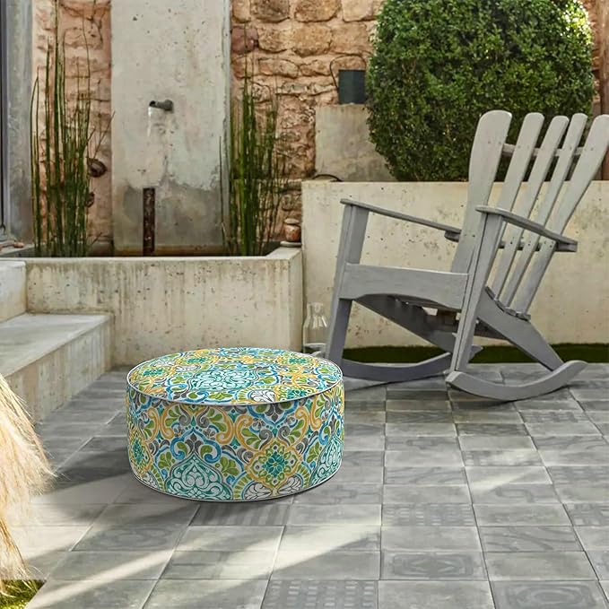 LVTXIII Inflatable Stool Ottoman Footrest with Handle, All Weather Foot Rest, Indoor or Outdoor Use for Home Patio Garden and Camping, D21 x H9, Damask Green