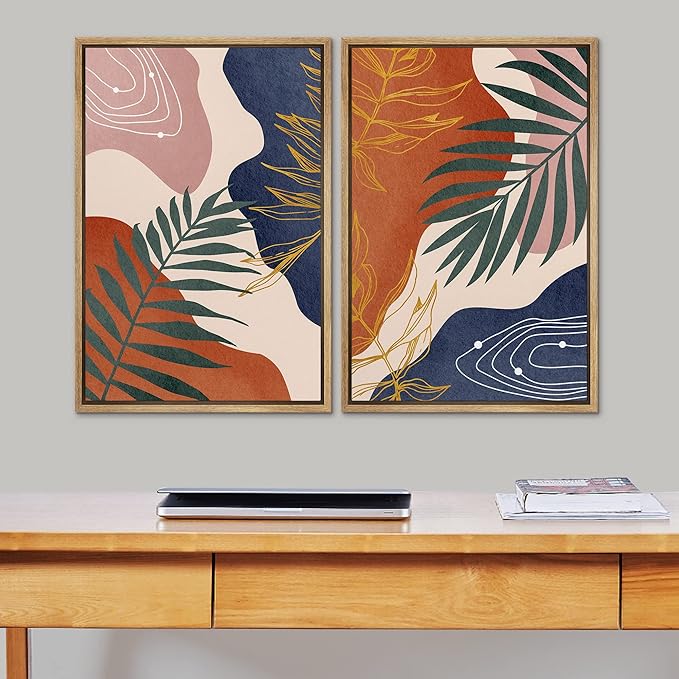 SIGNFORD Framed Canvas Print Wall Art Set Retro Mid-Century Geometric Forest Plants Abstract Shapes Illustrations Modern Art Decorative Bohemian for Living Room, Bedroom, Office - 24"x36"x2 Natural