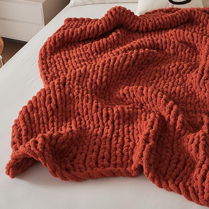 WESHIONGOO Chunky Knit Blanket Throw Knitted Throw Blankets for Couch Bed Fluffy Soft Blanket with Jumbo Chenille Yarn Thick 100% Handmade(Rust, 50"×60")