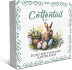 SRADMO Easter Wooden Block Decorative Sign, 5x5 inches, Wood, Tabletop Mount, Multicolor, Easter Theme, Rustic Style, Pre-Printed Text: Cottontail