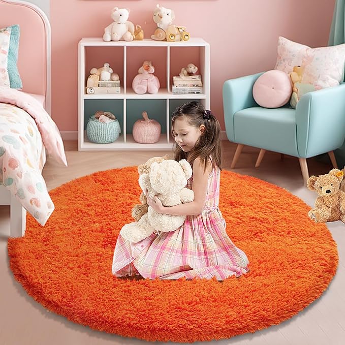 Orange Fluffy Round Rug,Soft Area Rugs for Girls Room,Shaggy Rugs 6'X6' for Living Room,Non Slip Circle Rug for Kids Bedroom,Shag Plush Nursery Carpets,Fuzzy Plush Rug for Dorm,Cute Room Decor Carpet