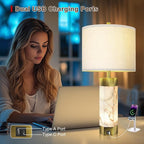 Natural Alabaster Table Lamps Set of 2,Table Lamp with Night Light for Living Room,Nightstand Lamp with USB Ports,Bedside Lamp with Linen Fabric Shade for Bedroom,Living Room,Office,Bar(Bulb Included)