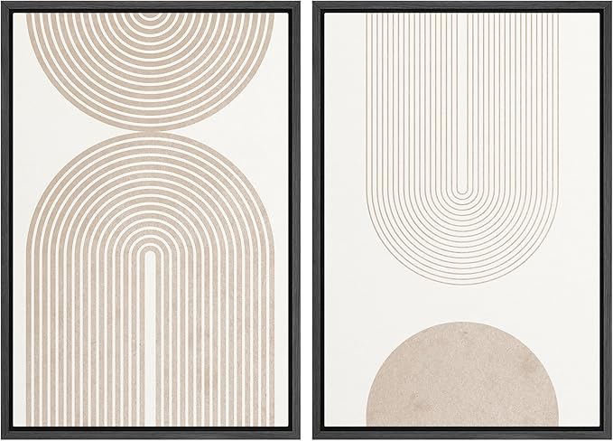 SIGNFORD Framed Canvas Print Wall Art Set Beige & White Duotone Geometric Spiral Polygons Abstract Shapes Illustrations Modern Art Decorative Minimalist Relax/Cozy for Bedroom - 24"x36"x2 Black