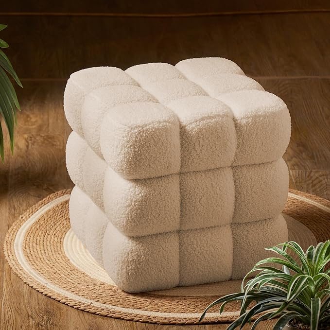 17''3 Square Ottoman Pouf Installed,Sturdy Wooden Frame,Capacity 330 lbs,Modern Sofa Stool Fuzzy Sherpa Footstool,Foot Rest,Cube Boucle,Vanity Stool,for Couch Living Room(Peach Fur)