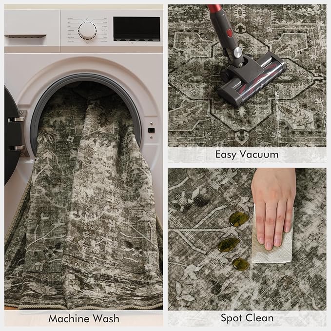 Olive Green Washable 8x10 Area Rugs for Living Room Rug Bedroom Rug-Carpet Neutral Vintage Dining Room Rugs for Under Table Soft Comfortable Non Slip