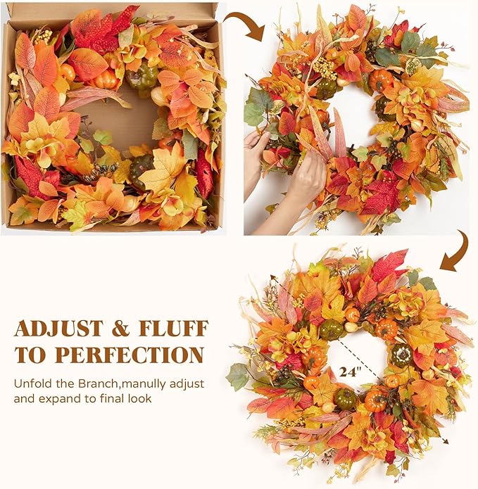 Fall Wreath for Front Door,24" Autumn Front Door Wreath Fall Decorations with Pumpkins Hydrangea Maple Leaves for Porch Window Farmhouse Halloween Thanksgiving Harvest Festival Home Decor