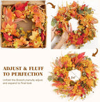 Fall Wreath for Front Door,24" Autumn Front Door Wreath Fall Decorations with Pumpkins Hydrangea Maple Leaves for Porch Window Farmhouse Halloween Thanksgiving Harvest Festival Home Decor