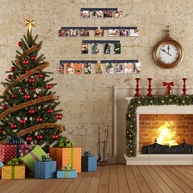 6 Picture Frames Collage Wall Decor With 30 Clips, Wood Photo Frame, No Drilling Required, Adhesive Stickers, Easy to Install, Black.