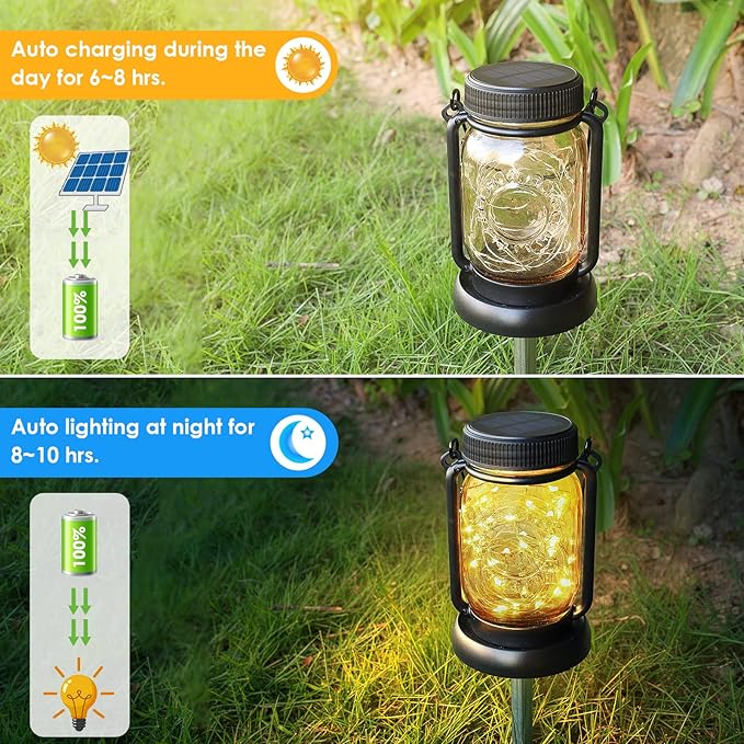 Mlambert 4 Pack Solar Hanging Lantern with Stakes, Outdoor Waterproof Solar Mason Jar Fairy String Lights Decorative Vintage Glass Lamp-Warm White