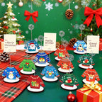 24 Pcs Ugly Sweater Christmas Table Place Card Holders Stand Display, Wooden Christmas Table Card Holders with Swirl Wire Memo Name Number Photo Sign Clip Holder for Christmas Party Table Decorations