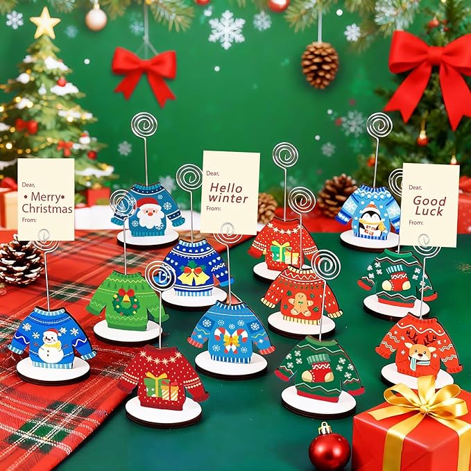 24 Pcs Ugly Sweater Christmas Table Place Card Holders Stand Display, Wooden Christmas Table Card Holders with Swirl Wire Memo Name Number Photo Sign Clip Holder for Christmas Party Table Decorations
