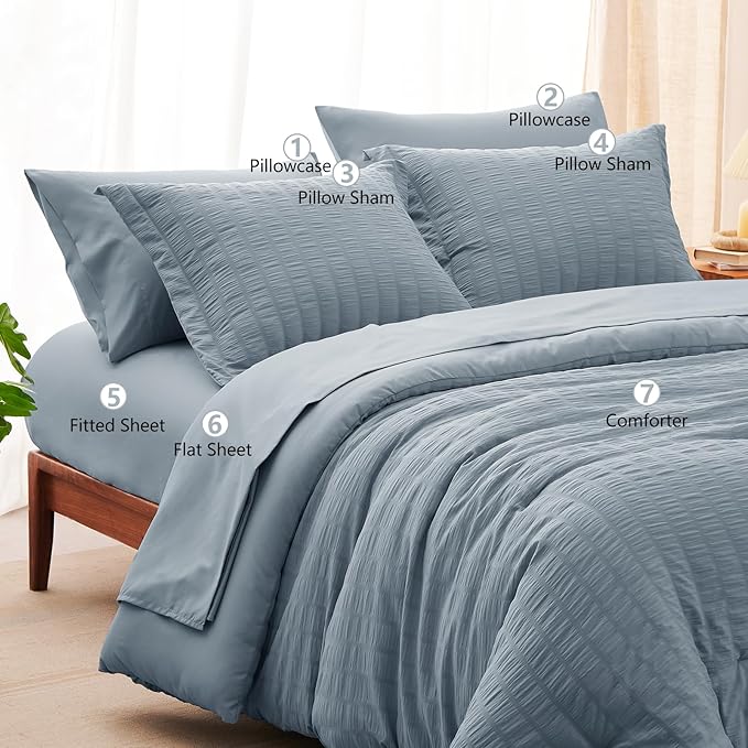 CozyLux Grayish Blue King Size Comforter Set Seersucker 7 Pieces Dusty Blue Bed in a Bag King Comforter Set with Sheets, Luxury Bedding Set with Down Alternative Comforter, Sheets, Pillowcases & Shams