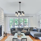 6-Light Black Modern Farmhouse Chandelier for Dining Room Ceiling Light Fixture with Clear Glass Shades, Adjustable Hanging Industrial Pendant Lighting for Living Room Kitchen Island Bedroom Entryway