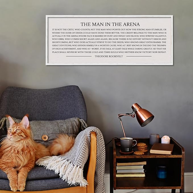 LuZhiQiang The Man in the Arena Wall Decor 40''x15'' Inspirational Quotes Office Wood Framed Sign Rustic Home Motivational Art For Man Entrepreneur Morden Living Room Wall Hanging Decor (White)