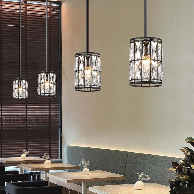 Modern Crystal Pendant Light Fixture 2-Pack Matte Black Finish Hanging Lighting Crystal Chandelier for Living Room, Kitchen