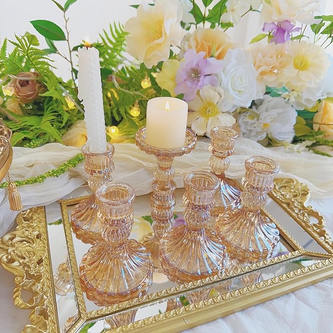 Glass Candlestick Holder,Striped Taper Candle Holders,Set of 6 Candle Stand for Table Centerpieces, Home Decor,Weddings,Festival and Parties (Amber Stripe Pattern)