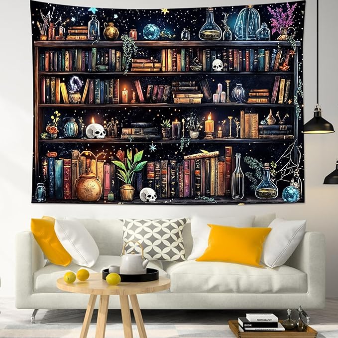 HVEST Magic Bookshelf Wall Tapestry Vintage Bookshelf Witchy Books Plant Skull Gothic Halloween Tapestry Wall Hanging Starry Sky Tapestries for Bedroom Living Room Dorm, 70.9L x 92.5W Inches