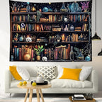 HVEST Magic Bookshelf Wall Tapestry Vintage Bookshelf Witchy Books Plant Skull Gothic Halloween Tapestry Wall Hanging Starry Sky Tapestries for Bedroom Living Room Dorm, 70.9L x 92.5W Inches
