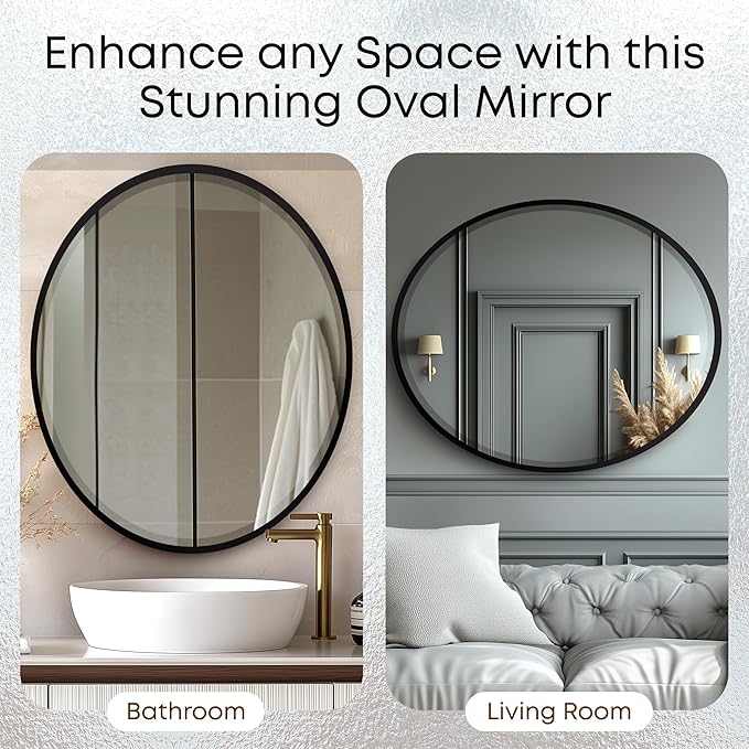 OVALCREST - Oval Wooden Beveled Wall Mirror for Home Decor, Bathroom, Vanity, Bedroom, Living Room, Hallway - London Style (Matte Black) 21.1 x 25.1
