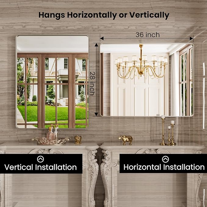 Brushed Nickel Bathroom Mirror 28x36 Inch, Brushed Silver Metal Frame Mirror Wall Mounted, Rounded Rectangle Bathroom Vanity Mirror, Tempered Glass, Anti-Rust, Horizontal/Vertical