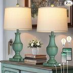 Farmhouse Table Lamp Set of 2, Rustic Touch Control 3-Way Dimmable Lamps with USB A+C Charging Ports & AC Outlet, Vintage Retro Antique Bedside Lamp for Living Room Bedrooms Nightstand Green