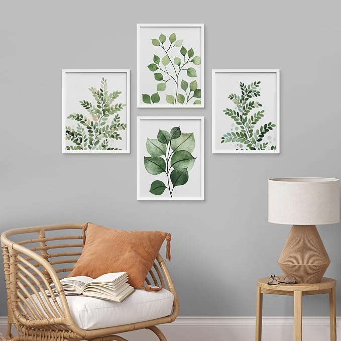 SIGNWIN Framed Green Pastel Forest Fern Leaf Wall Art, Set of 4 Collage Nature Garden Wall Decor Prints, Nature Wilderness Wall D¨¦cor for Living Room, Bedroom - 12"x16" White