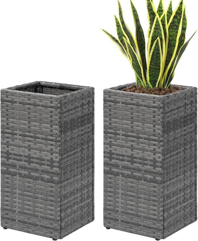 SUNNYPARK 2 Pack Tall Planters for Outdoor Plants Rattan Modern Tall Square Planter Box with Removable Liners Indoor Outdoor Porch Patio Flower Pot (12’’ x 12’’ x 24’’)