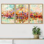 SIGNWIN Framed Canvas Wall Art Bright neon Color Buildings Block with Reflection Places Cityscape Oil Painting Abstract Modern Panoramic Colorful for Living Room, Bedroom, Office - 16"x24"x3 Natural