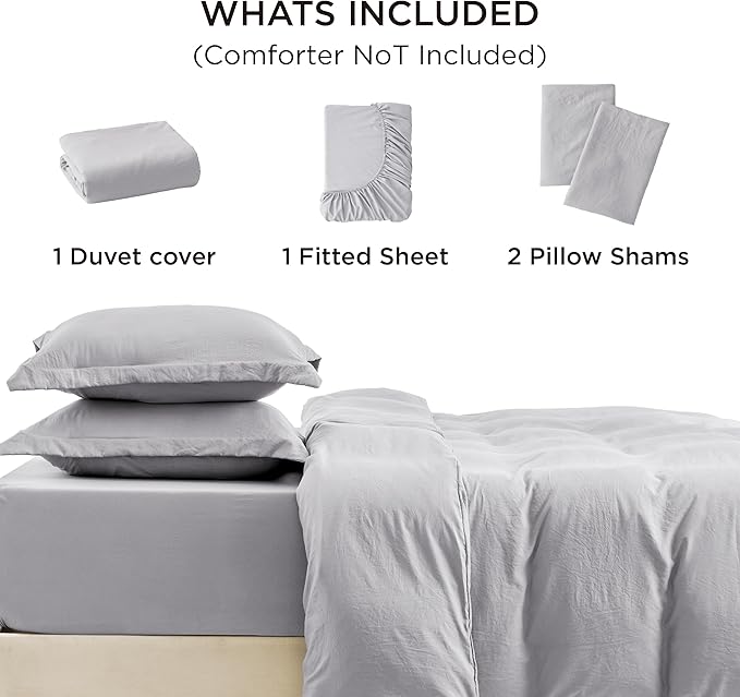 Bedsure Duvet Cover Queen Size with Fitted Sheet - 4 Pieces Prewashed Cotton-Like Extra Soft Bedding Set, Includes 1 Duvet Cover 90x90 Inches, 2 Pillow Shams, 1 Fitted Sheet, Light Grey
