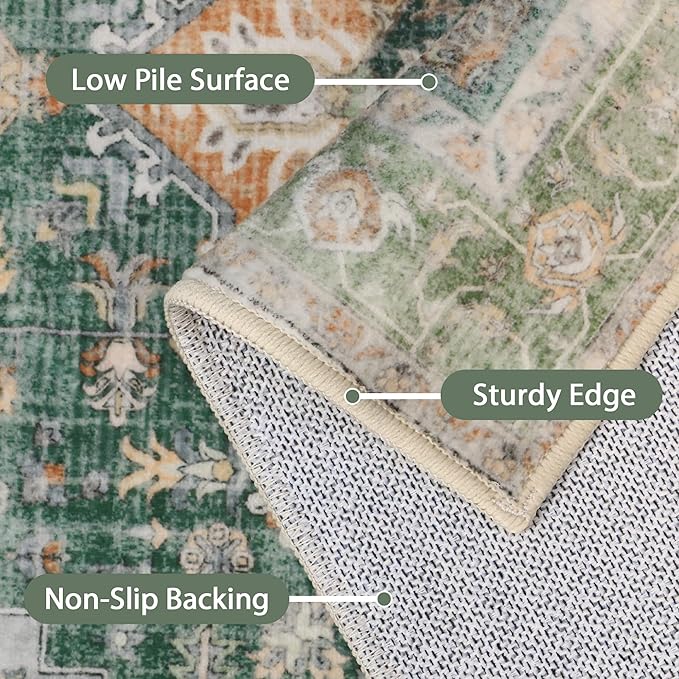 GENIMO 8x10 Area Rugs for Living Room, Machine Washable Non Slip Vintage Rugs, Low Pile Lightweight Chenille Print Rug for Bedroom, Dining Room, Home Office, Sage Green