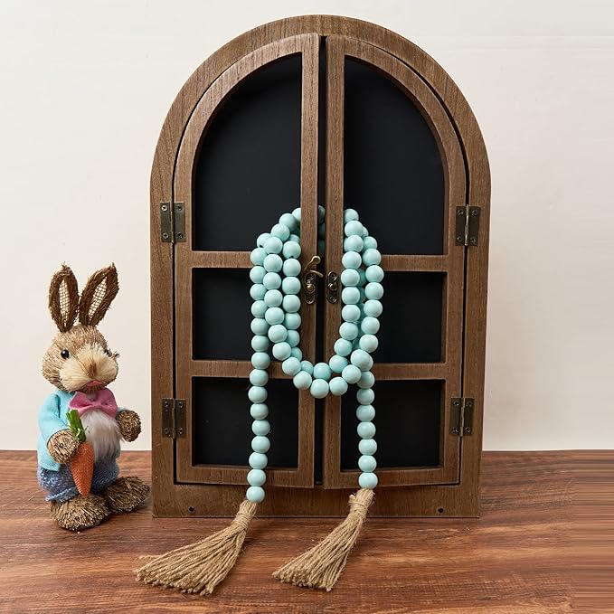 OMISHE 59in Wood Bead Garland with Tassels, Decorative Beads, Farmhouse Wooden Beads Garland for Wall Hanging Home Festival Decor, Aqua, Teal