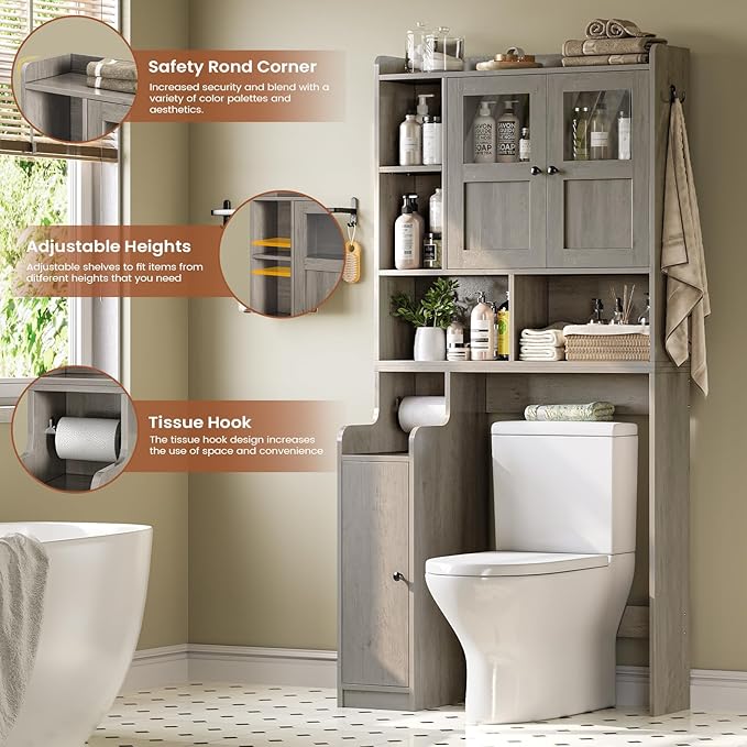 Itaar Over The Toilet Storage Cabinet, Over Toilet Bathroom Organizer with Glass Doors & Toilet Paper Holder Stand, Home Space-Saving Toilet Rack, for Bathroom, Restroom, Laundry, Grey