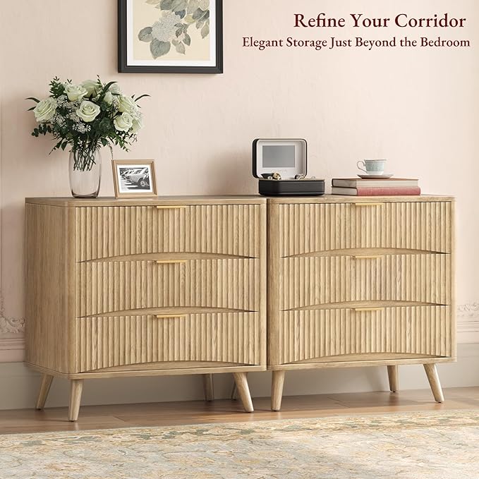 Evermagin 31.5W×29“H Large Fluted Nightstands Set of 2, 3 Drawer Light Wood Night Stand Bedside Table, Mid Century Modern Small Dresser for Bedroom, Natural Oak