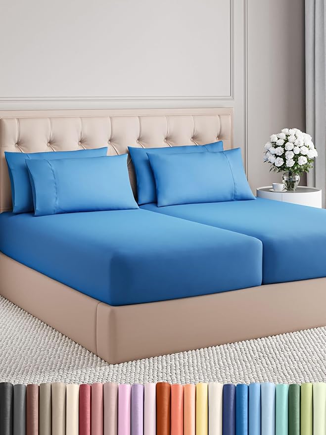 Split King Sheets Set 7 Piece - Includes 4 Pillowcases - Bed Sheets Split King - Soft Hotel Luxury Bedding - Cooling and Breathable - 1 Flat & 2 Fitted & 4 Pillowcases w/ Deep Pockets - Royal Blue