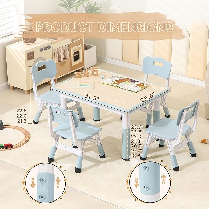 Height-Adjustable Kids Table and Chairs, 31.5''L x 23.6''W Toddler Table and 4 Chairs Set with Anti-Slip Foot Covers, Children Activity Table for Ages 2-10, Graffiti Desktop