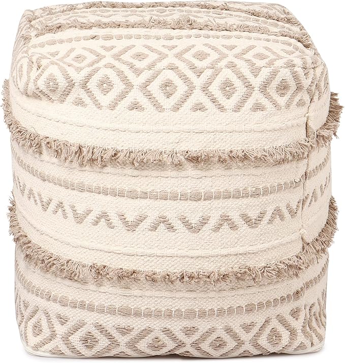 REDEARTH · Tufted Pouf Ottoman with Filler Textured Storage Cube Bean Bag Pouffe Footrest for Living Room, Bedroom, Nursery, Kidsroom; 100% Cotton (17.5"X17.5"X17.5", Geometric Craft Taupe)