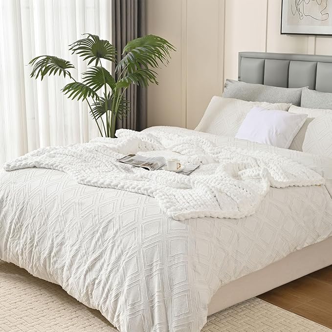 Esterra 100% Hand Knitted Chenille Throw Blanket, 50"x60", White, Polyester, Chunky Knit, Throw Blanket, 50x60 Inches