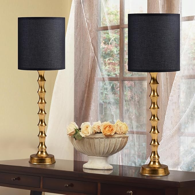 30.5" Gold Buffet Lamps Set of 2 with Black Shade, Buffet Table Lamps Set of 2 for Living Room, Black Golden Lamp for Dining Room, Golden Bamboo Lamps for Credenza
