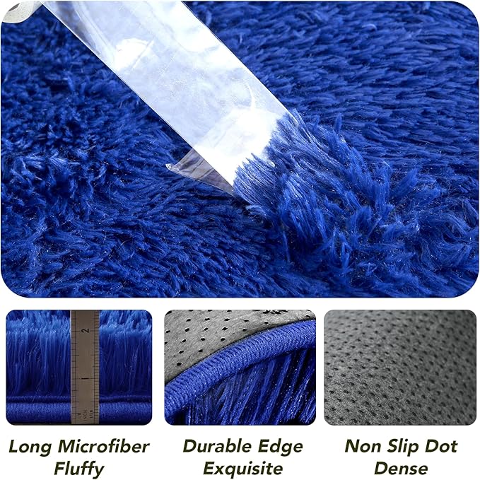 Fluffy Round Rugs for Bedroom Blue: 4ft Fluffy Circle Area Rug for Kids Room- Furry Fuzzy Carpet for Boys and Girls Room- Soft Plush Rug for Teen Dorm