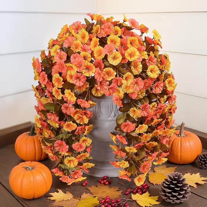 Artificial Fake Fall Hanging Flowers Plants for Outdoor Outside Decoration, 2 PCS Faux Silk Morning Glory Trailing Vines UV Resistant for Wall Home Porch Patio Party Decor (Fall Orange+Yellow)