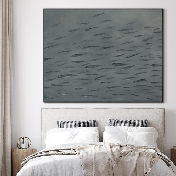 SIGNWIN 60"x72" Extra Large Framed Wall Art Gray School of Fish Minimalist Ocean-Inspired Marine Life Illustration for Home Living Room Bedroom Decor (Frame Assembly Required)