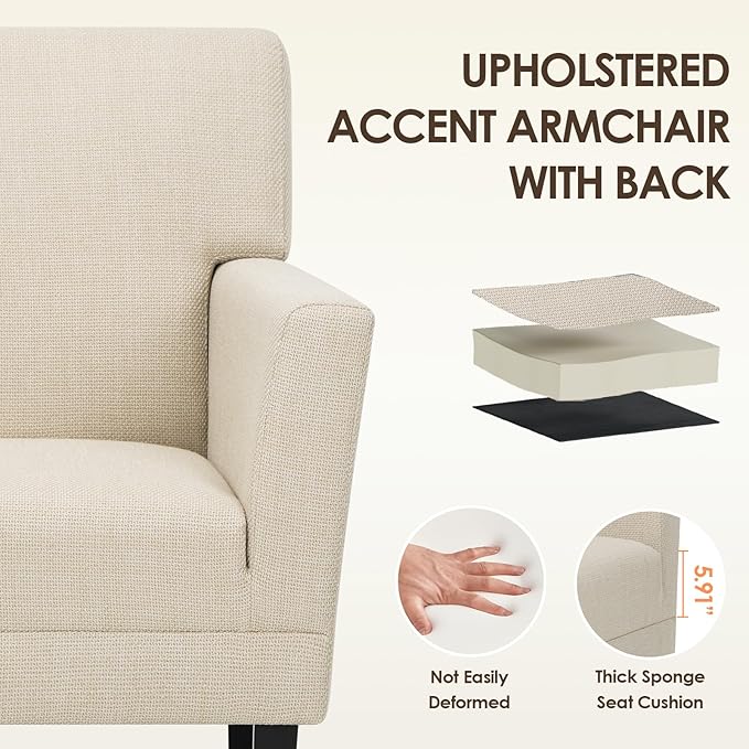 COLAMY Accent Chair Set of 2 for Living Room, Modern Upholstered Fabric Accent Armchair with Back, Soft Single Sofa Chair with Arms for Bedroom/Office/Reception Room, Oatmeal
