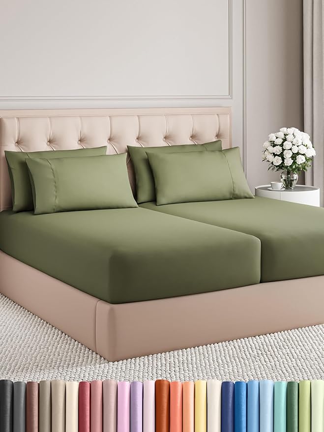 Split King Bed Sheet Set - 7 Piece Split King Bed Sheet Set - Soft Hotel Luxury Bedding - Cooling, Comfy & Breathable - 1 Flat & 1 Fitted & 4 Pillowcases w/ Deep Pockets - Wrinkle Free - Sage Green