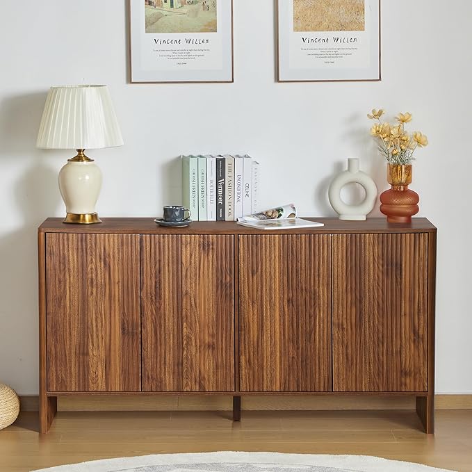 Sideboard Buffets Cabinet, Modern Accent Storage Cabinet with 4 Fluted Doors and Adjustable Shelves, Wood Credenza Buffet Sideboards, Console Table for Kitchen Dining Living Room Entryway (Walnut)