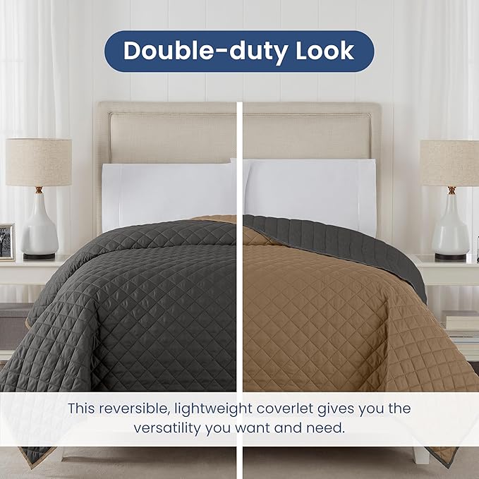 Martex Reversible Coverlet – Twin Bed Quilt – Lightweight Twin Size Bedding – Durable Quilts for Bed – Soft - Easy Care Bedding – Graphite/Khaki