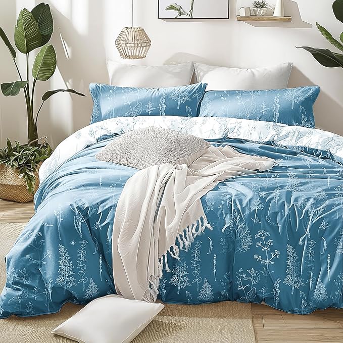 Love's cabin Mineral Blue Comforter Set King - King Size Comforter Set, 3 Pieces Cute Floral Bedding Sets for All Seasons,1 Soft Reversible Botanical Flowers Comforter and 2 Pillow Shams