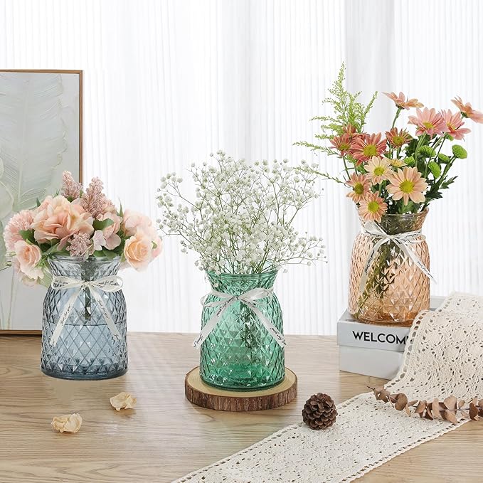 SOJOCK 2PACK Glass Flower Vases(Flowers NOT Included),6.3" High Diamond Pattern Vases,Vintage Vases for Centrepieces,Wedding Decorations,Home Table Flower Decorations