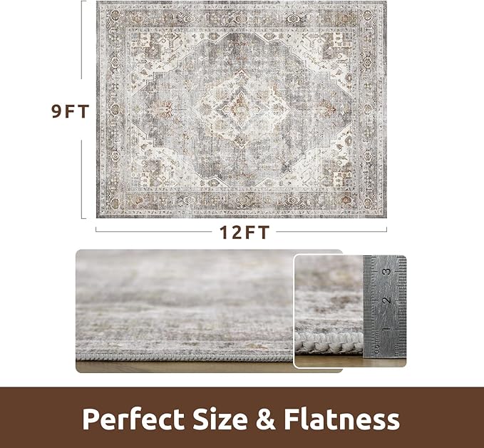 AMOAMI Area Rug - 9x12 Vintage Soft Grey Rug - Non Slip, Washable for Living Room, Bedroom, Dining Room, Office