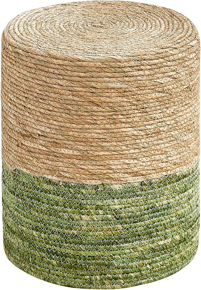 Wimarsbon Ottoman Poof, Natural Seagrass Poufs, Hand Weave Round Footstool, Pouffe Accent Chair, Sitting Braided Footrest W/Jute Cover, Outdoor Ottomans for Living Room, Bedroom